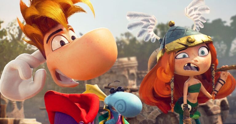 A screenshot from Rayman Legends Retold, showing Rayman and Barbara making confused expressions