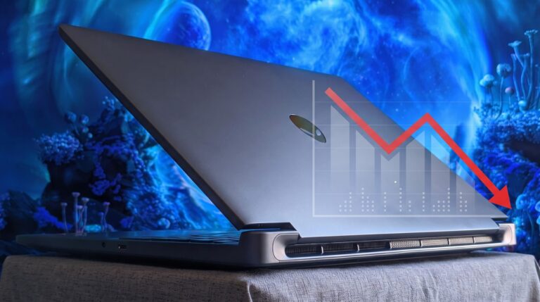 A silver Alienware laptop sits at an angle on a light surface with a blue abstract background. A bar chart graphic overlay