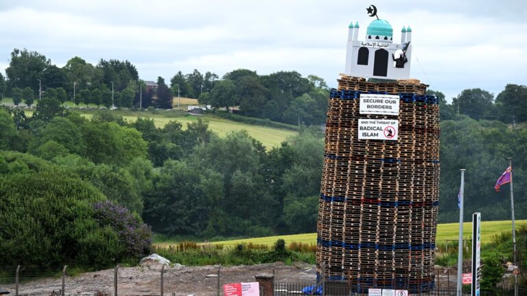 Four men charged over mosque display on Moygashel bonfire