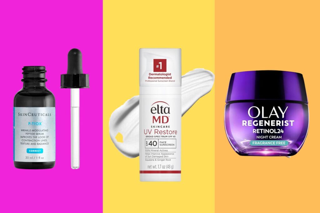A collage of skincare products