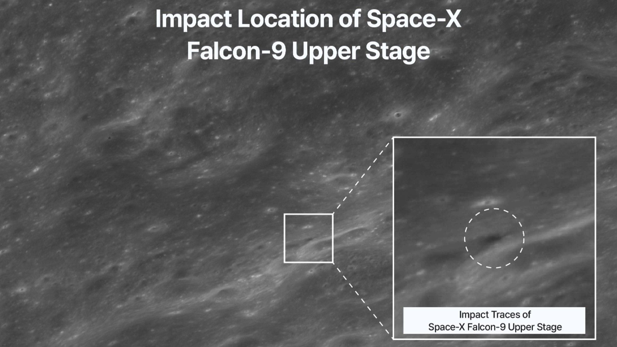 a photograph of a grey mottled surface on which a dark oval area is circled in white
