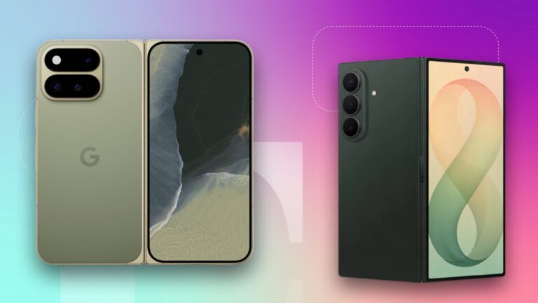 Two foldable phones, one from Google and the other from Samsung, on a colorful background