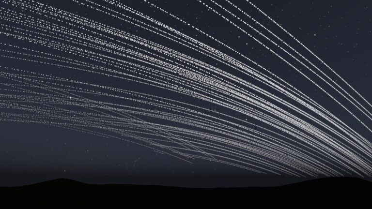 An animation showing bright rings of orbital data center satellites passing through the sky shortly after sunset
