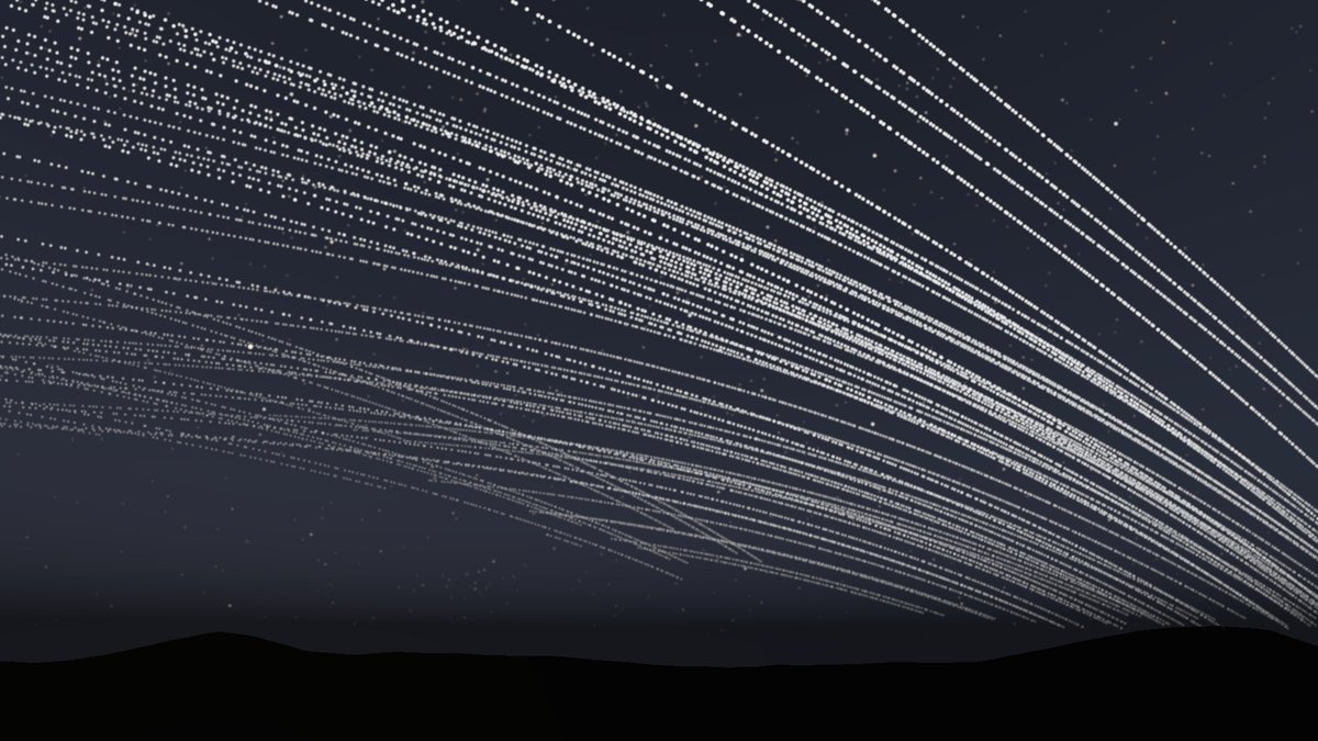 An animation showing bright rings of orbital data center satellites passing through the sky shortly after sunset