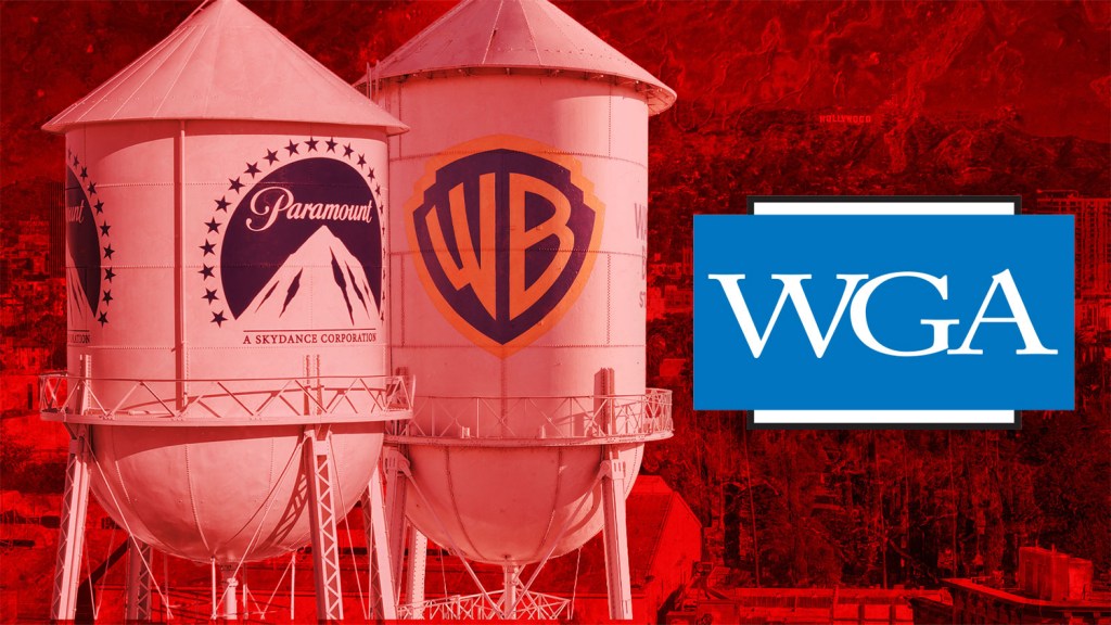 Warner Bros and Paramount water towers with the WGA logo
