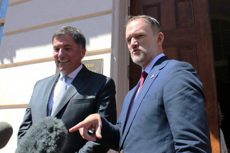 Canada-U.S. Trade Minister Dominic LeBlanc, left, and United States Trade Representative Jamieson Greer speak to reporters