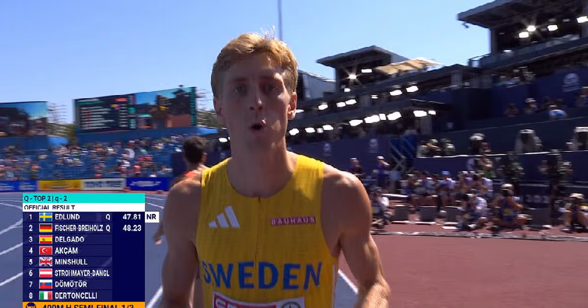 Oskar Edlund i gul Sverige-tröja efter 400 häck-semifinalen