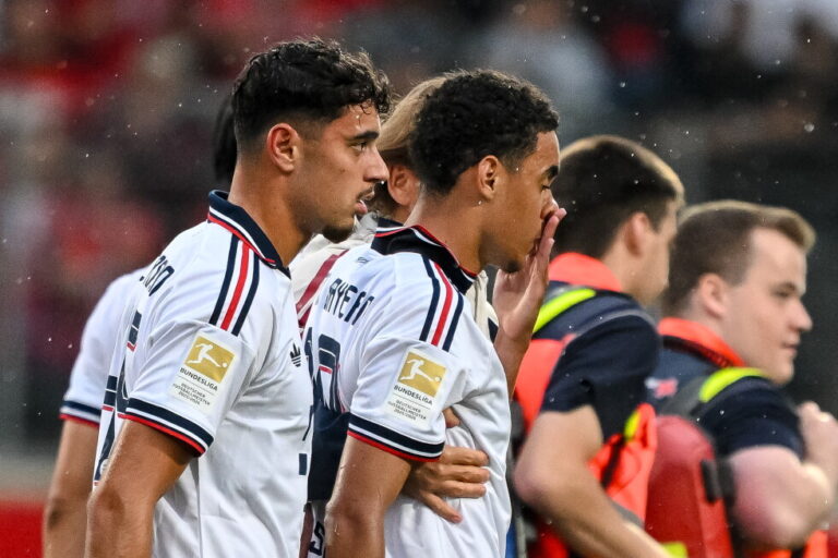 Bayern's Jamal Musiala, second left, leaves the field during a friendly soccer match between FC Heidenheim and FC Bayern