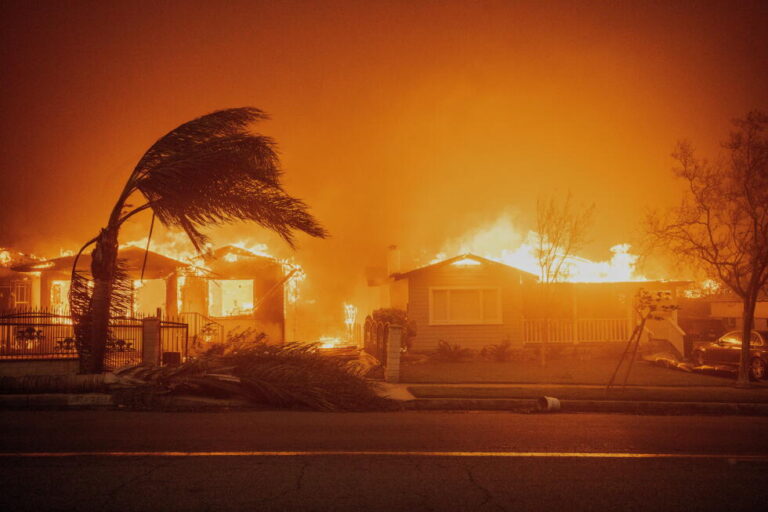 Trees sway in high winds as the Eaton Fire burns structures Jan. 8, 2025 in Altadena, Calif. (AP Photo/Ethan Swope, File)
