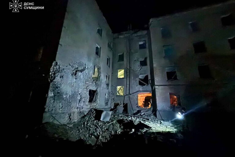In this photo provided by the Ukrainian Emergency Service, a residential building is damaged following a Russian air attack