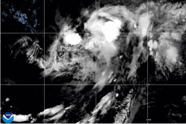This NOAA satellite image taken at 11:04 a.m. EST on Thursday, Aug. 13, 2026, shows Tropical Storm Lala in the Pacific