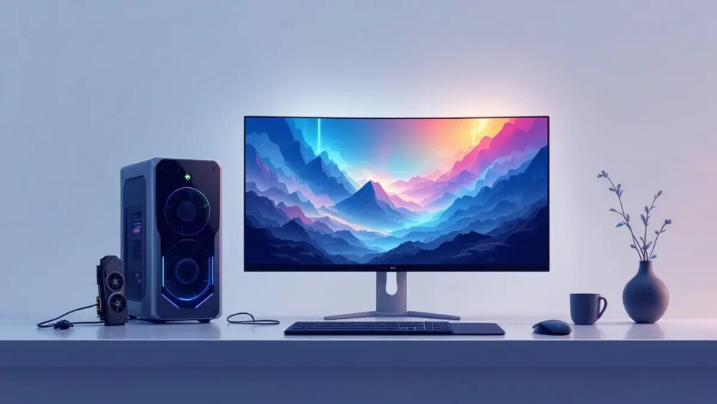 Immersive gaming pc setup ray traced light beams studio icons digital illustration story 317572