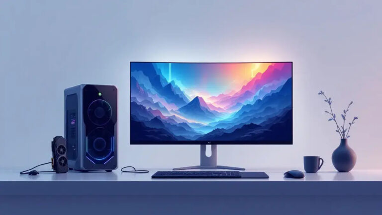 Immersive gaming pc setup ray traced light beams studio icons digital illustration story 317572