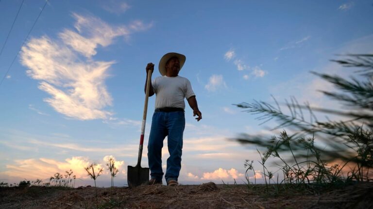 Irrigator Raul Quirarte, 56, pauses during work to prepare a field to receive water from the All-American Canal, Sunday