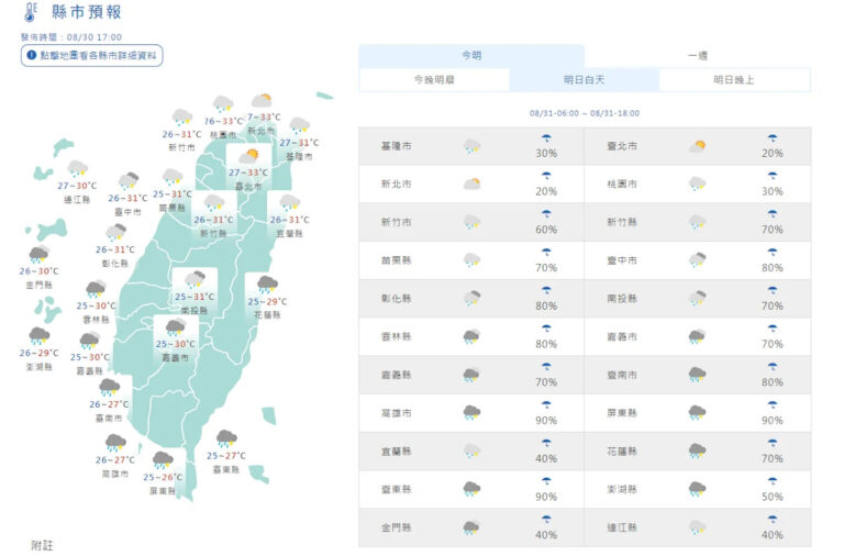 Central Weather Administration Forecasts Heavy Rain for Southern and Eastern Taiwan