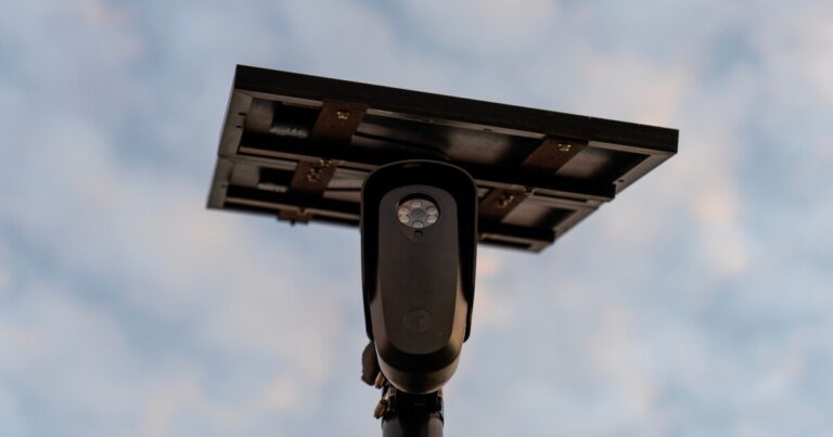 A Flock Safety license plate reader is seen along a public road, Oct. 16, 2025, in Houston. The cameras have drawn criticism