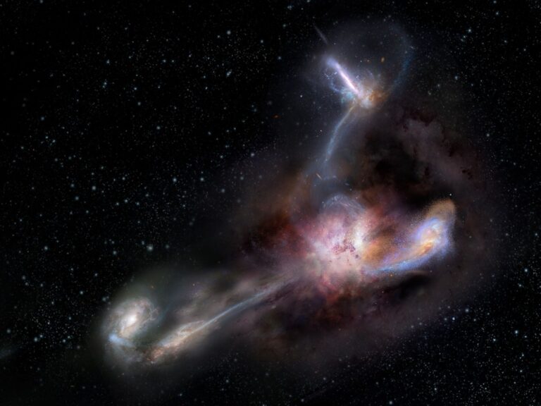 Artist impression of W2246-0526, the most luminous known galaxy, and three companion galaxies