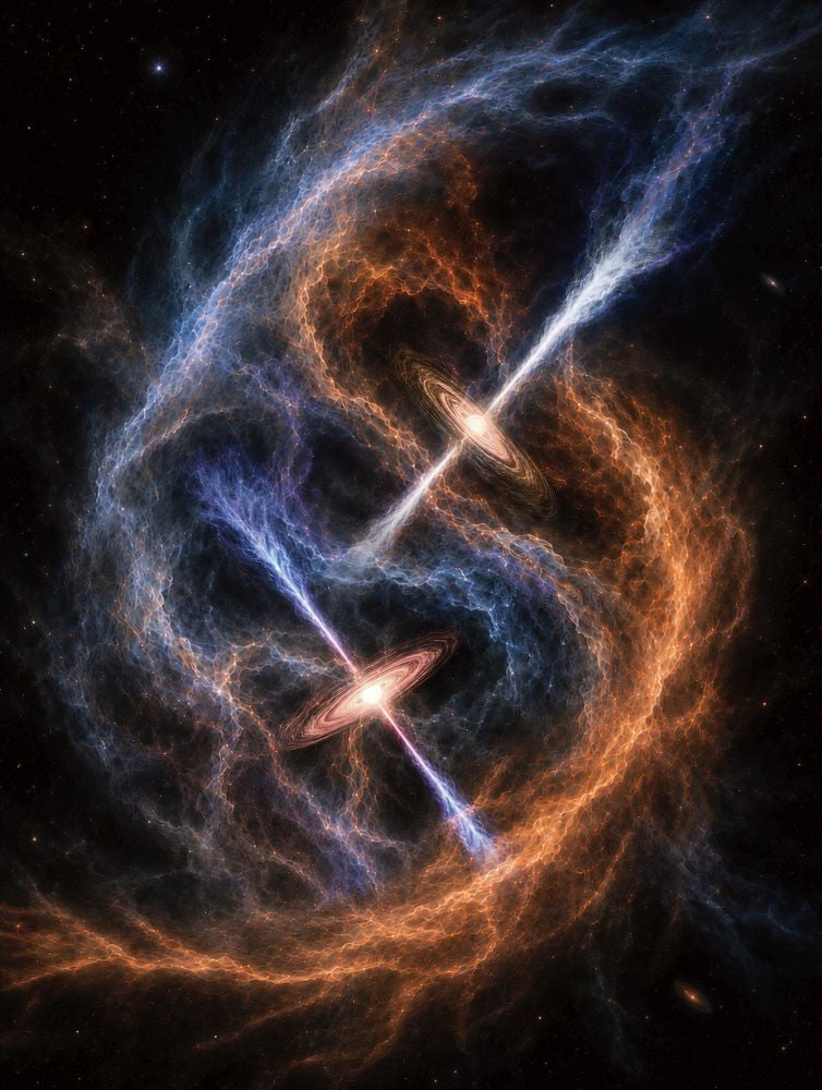 This artist's illustration shows a pair of young binary stars and their misaligned disks. They're still in the process of