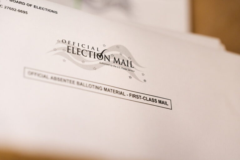 Envelopes for mail-in ballots at the Wake County Board of Elections are seen on Thursday, Sept. 3, 2026, in Raleigh, N.C