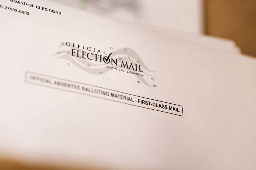 Envelopes for mail-in ballots at the Wake County Board of Elections are seen on Thursday, Sept. 3, 2026, in Raleigh, N.C