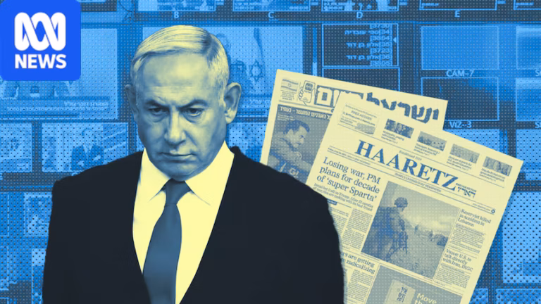 A graphic image of Benjamin Netanyahu looking stern in front of a backdrop of newspapers and TV channels