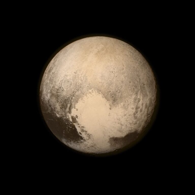 A view of Pluto from NASA’s New Horizons spacecraft shows the planet’s signature heart-shaped feature