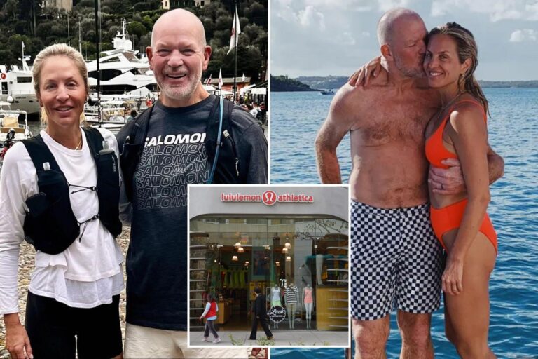 An image collage containing 3 images, Image 1 shows Chip and Shannon Wilson, founders of Lululemon Athletica Inc., in front
