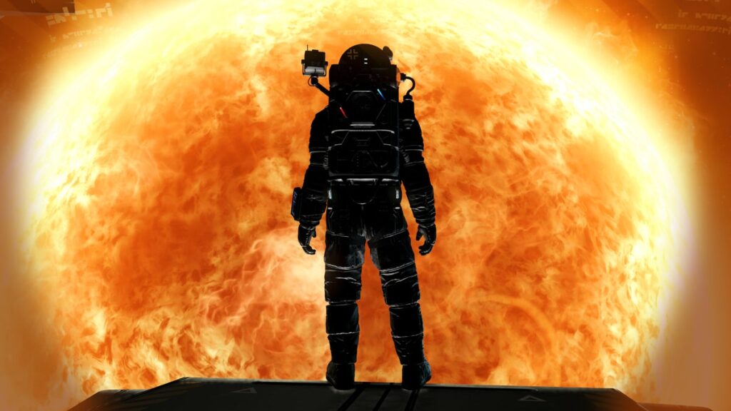 No Man's Sky Cosmos update screenshot showing a player silhouetted against a burning sun that fills the frame