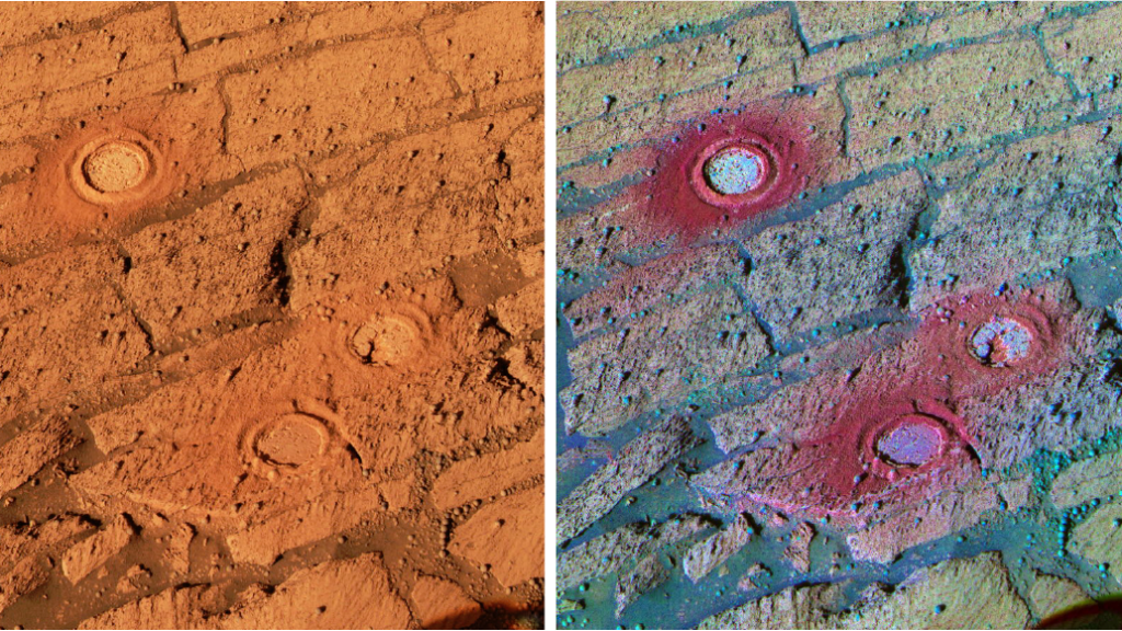 A two-panel comparison of Martian rock and rover wheel tracks, with the false-colour decorrelation stretch version