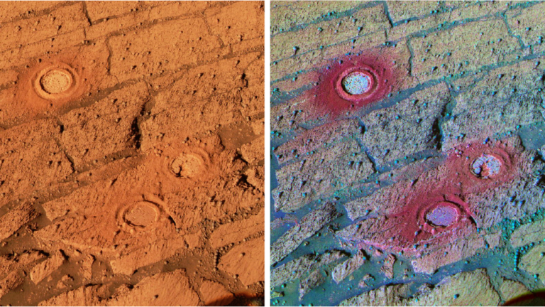 A two-panel comparison of Martian rock and rover wheel tracks, with the false-colour decorrelation stretch version