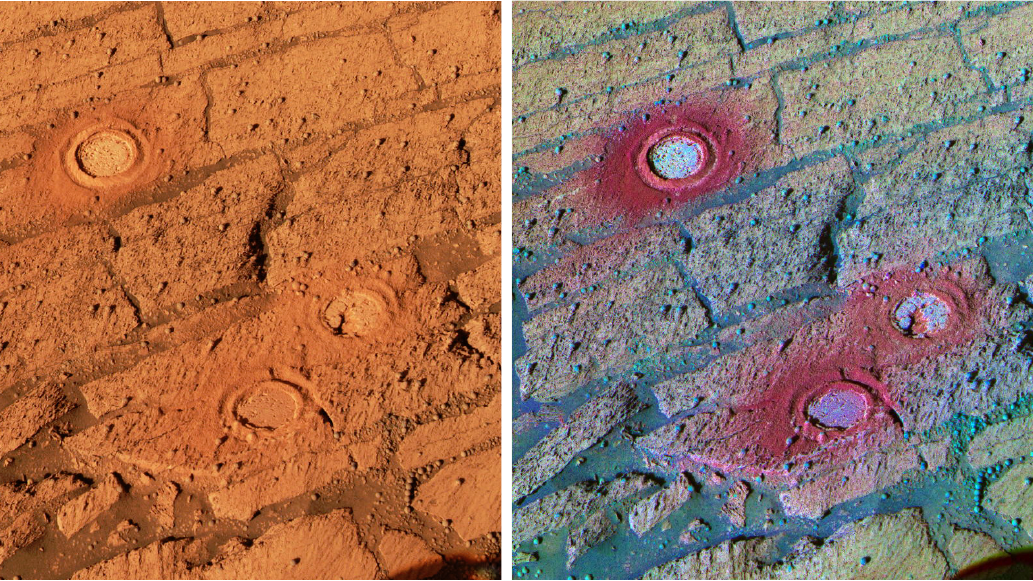 A two-panel comparison of Martian rock and rover wheel tracks, with the false-colour decorrelation stretch version