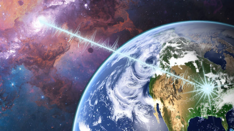 An illustration of the Earth with a blue-white beam shooting at it from space