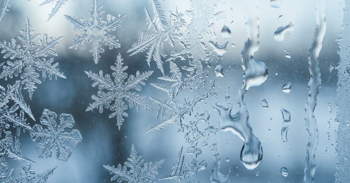 Frost crystals on glass melting into droplets