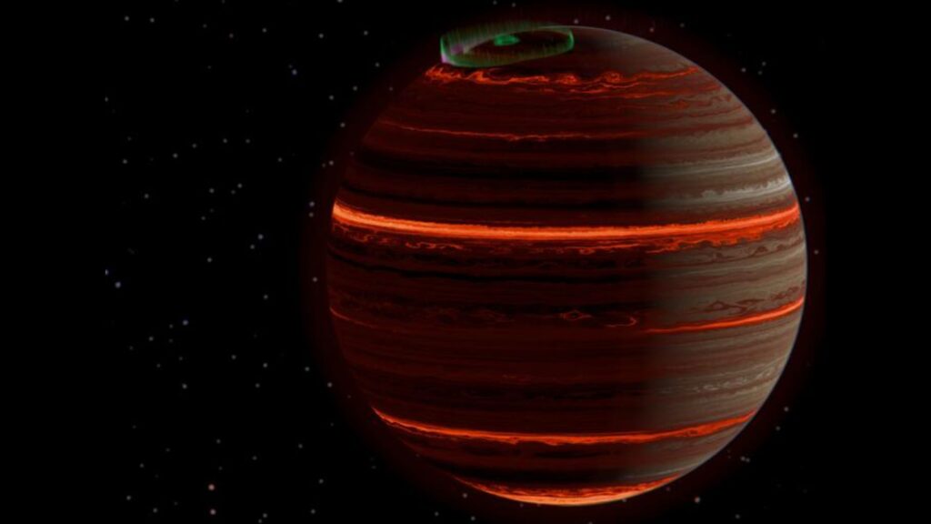 An orange world with glowing stripes horizontally. At the top is a green ring resembling northern lights