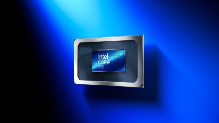Intel Core processor chip with blue Intel Core branding against a blue and black background