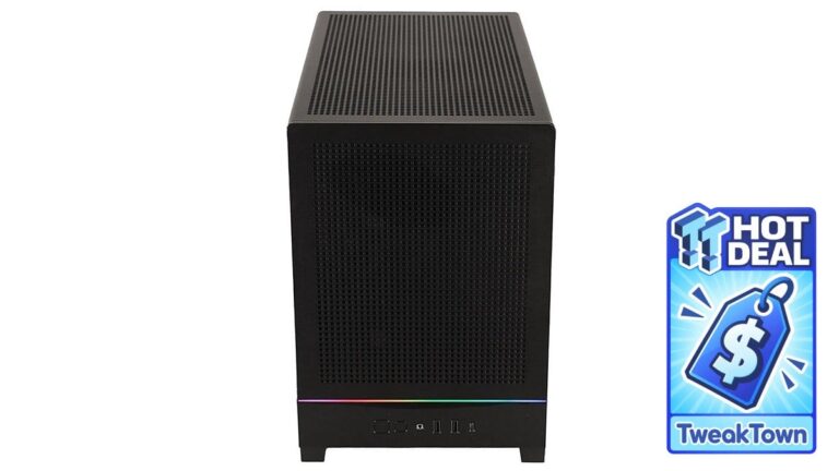 Front view of a black gaming PC tower with a perforated front panel and vented top, beside a TweakTown Hot Deal badge
