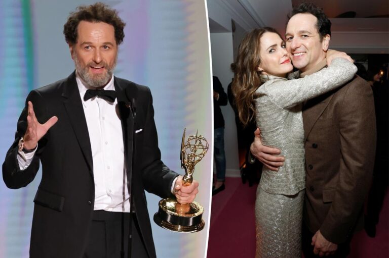 A split of Matthew Rhys at the 2026 Emmys, and an image Rhys with his longtime partner, Keri Russell