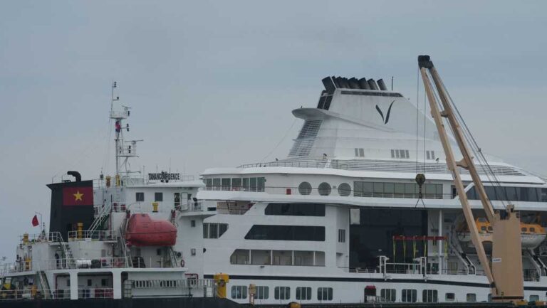 A U.S. cruise ship, the MV Odyssey, docks at the Sihanoukville Autonomous Port in Sihanoukville, Cambodia, Wednesday, Oct