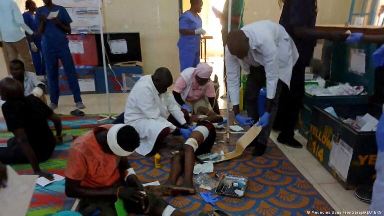 Medical workers treat injured people at Ameth Bek hospital after a drone strike on a market in the disputed Abyei region
