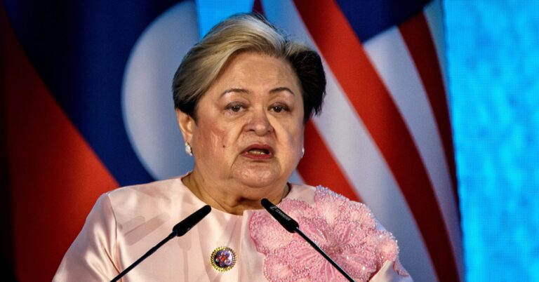 Philippines Foreign Secretary Theresa Lazaro speaks during the signing ceremony for the Treaty of Amity and Cooperation in