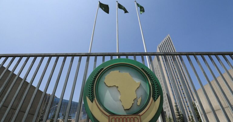 The African Union logo is seen outside the AU headquarters building in Addis Ababa, Ethiopia, November 8, 2021