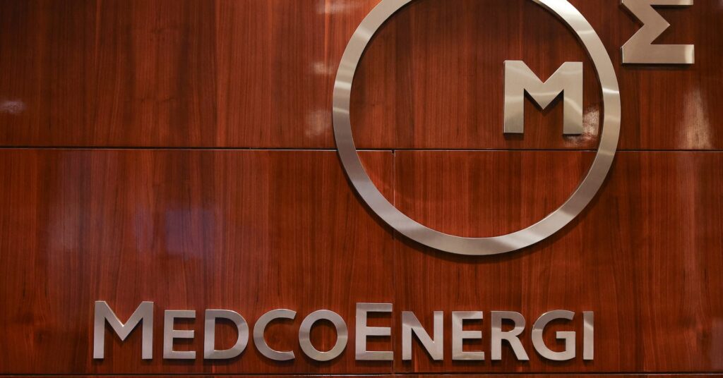 The logo of Indonesian oil and gas company PT Medco Energi Internasional Tbk is displayed inside its building in Jakarta