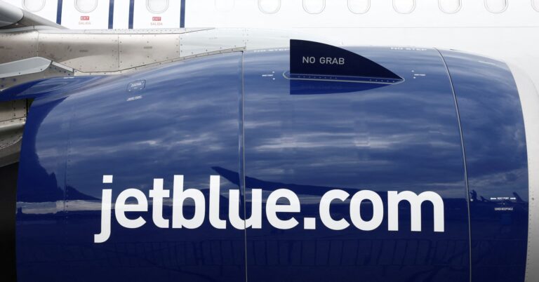 JetBlue logo is seen on an Airbus A321LR at the 54th International Paris Airshow at Le Bourget Airport near Paris, France