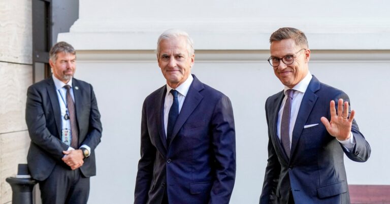 Finnish President Alexander Stubb meets with Norwegian Prime Minister Jonas Gahr Store at the Government