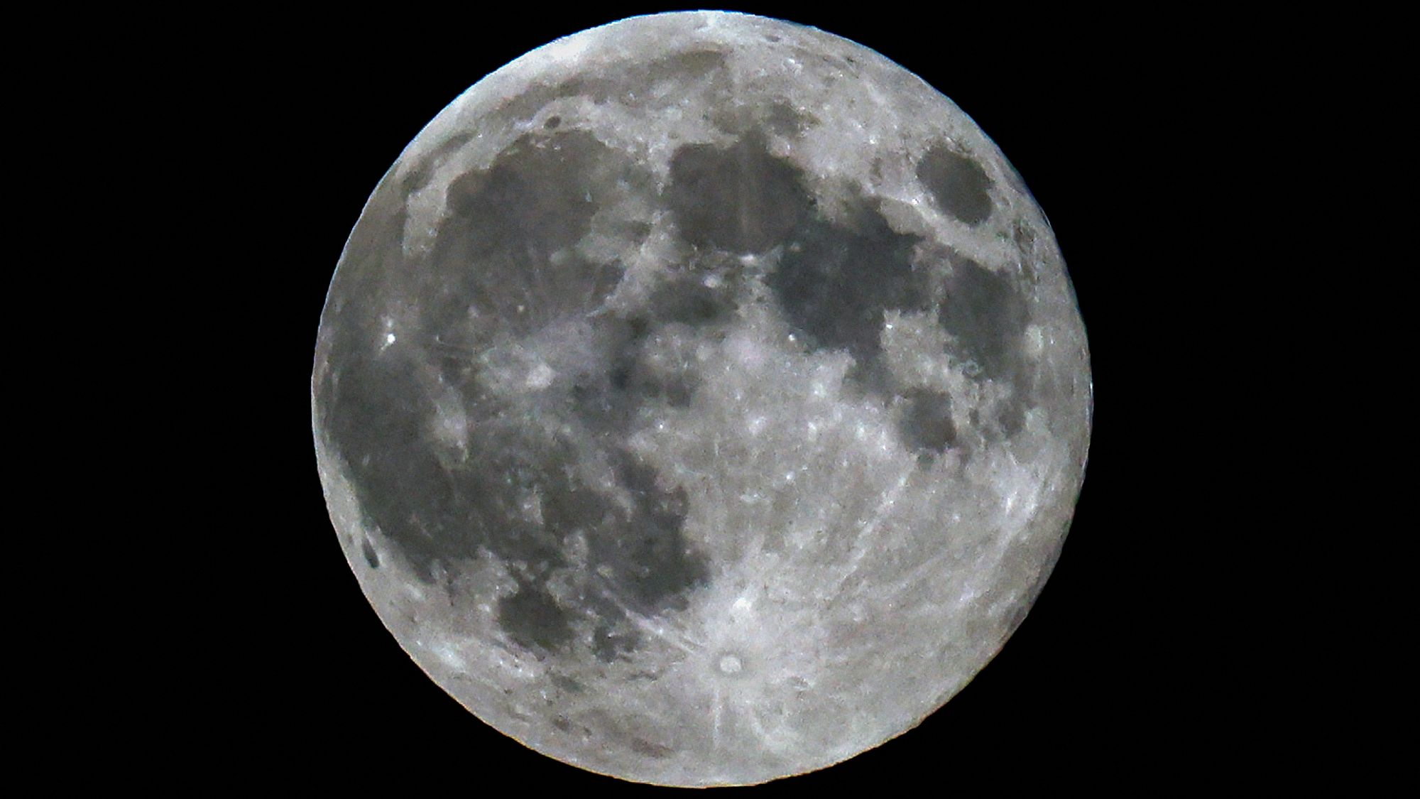 A photo of a full moon shining in a black sky, with dark lunar seas and bright craters visible on its surface
