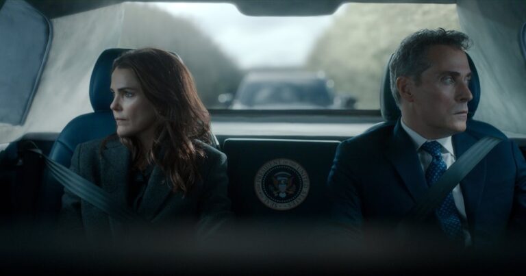 Keri Russell as Kate Wyler and Rufus Sewell as Hal Wyler in season four of The Diplomat. Photo: Netflix