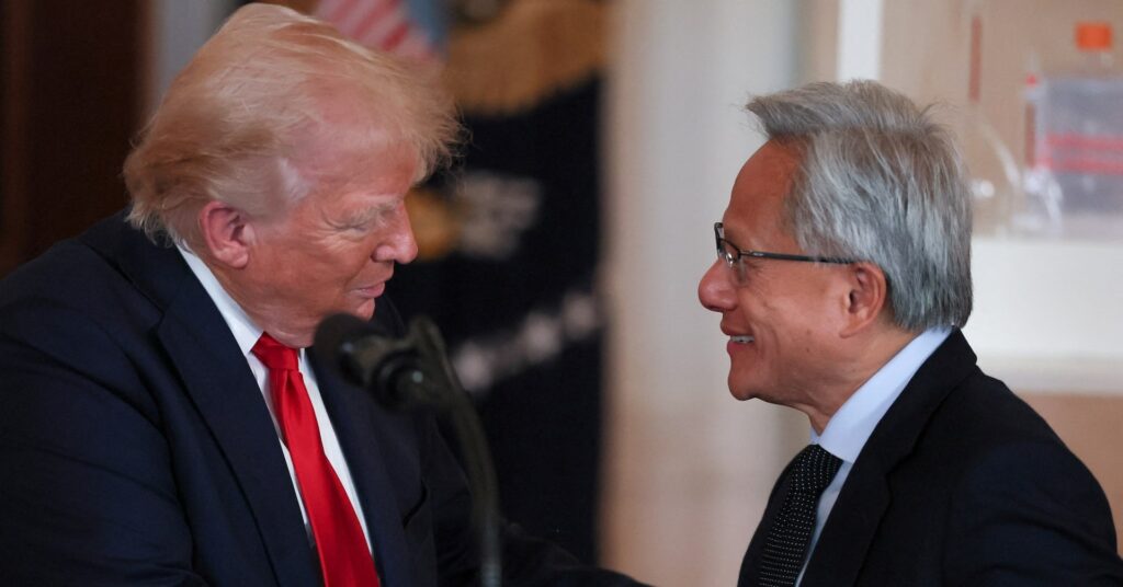 NVIDIA CEO Jensen Huang and U.S. President Donald Trump shake hands at an