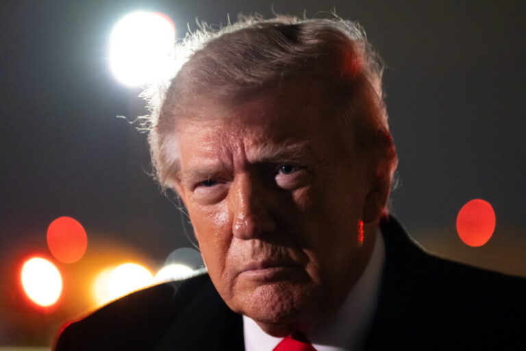 President Donald Trump speaks with reporters as he arrives on Air Force One, Saturday, Oct. 10, 2026, at Joint Base Andrews