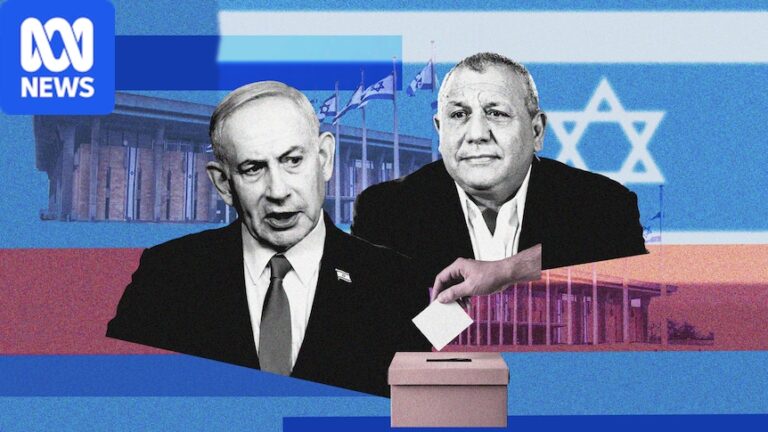 A graphic of Benjamin Netanyahu and Gadi Eisenkot over the Knesset building
