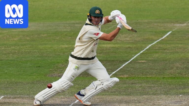 Batter hits a drive on his front foot, starts to run has he watches the ball go into the field